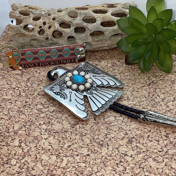 Unique Thunderbird T-Bird White Blue Turquoise Concho Lariat Bolo Tie Western - Picture 16 of 16